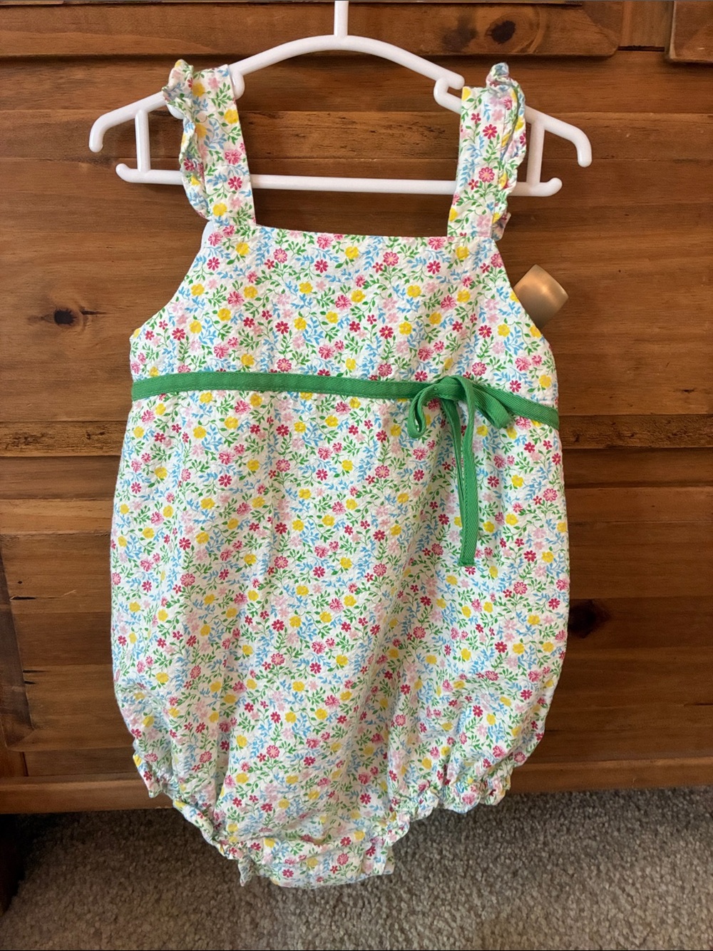 Little English White Floral Bubble Romper with Green Trim